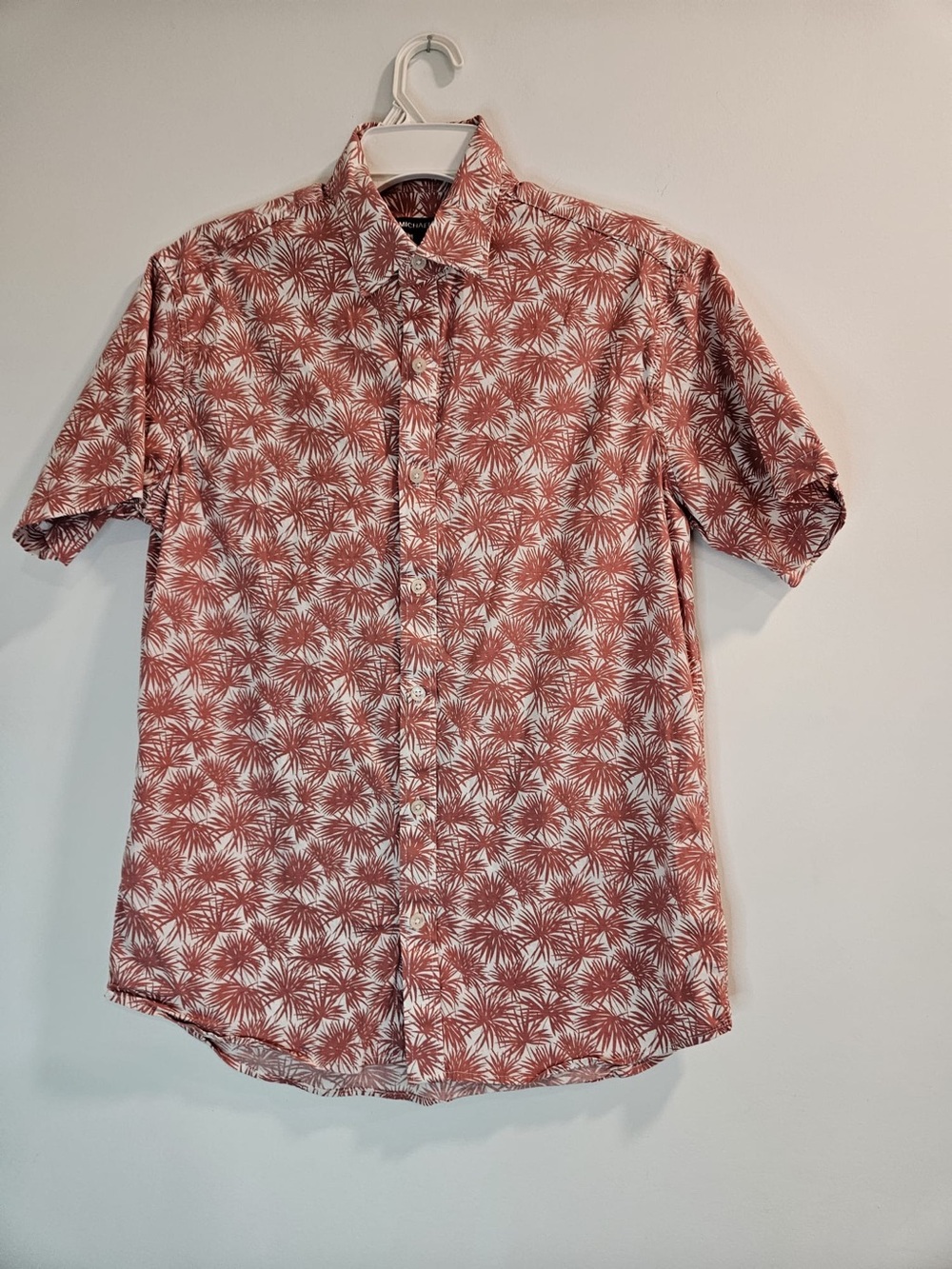Michael Kors Rust and White Palm-Print Short-Sleeve Button-Down Shirt
